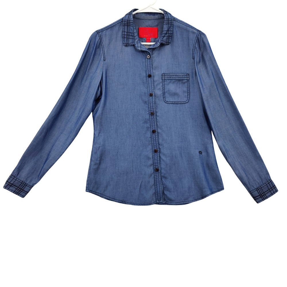 Z Spoke Womens Classic Minimalist Chambray Tencel Button Up Shirt 6 Blue Logo